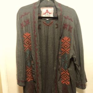 Johnny Was, Charcoal Grey, long sweater, Native American theme embroidery.  XL